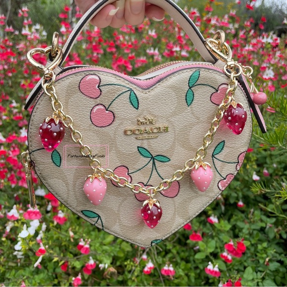 Heart Strawberry Bag Purse Charm Chain Swag Strap Hot Pink & Baby Pink Pearl - Picture 6 of 13